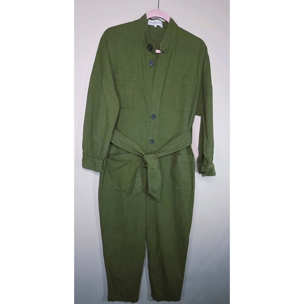 Apiece Apart‎ Green Utility Jumpsuit Womens 2 Cotton Button Front Tie Waist...